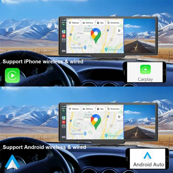 ⁦HGDO-داش كاميرا ستيريو سيارة ، 3 في 1 ، Carplay ، أندرويد ، Airplay السيارات ، مرآة جبل ، مسجل فيديو ، كاميرا ، واي فاي ، نظام تحديد المواقع ، DVR ، إخراج بلوتوث ، 4K⁩ - الصورة ⁦3⁩